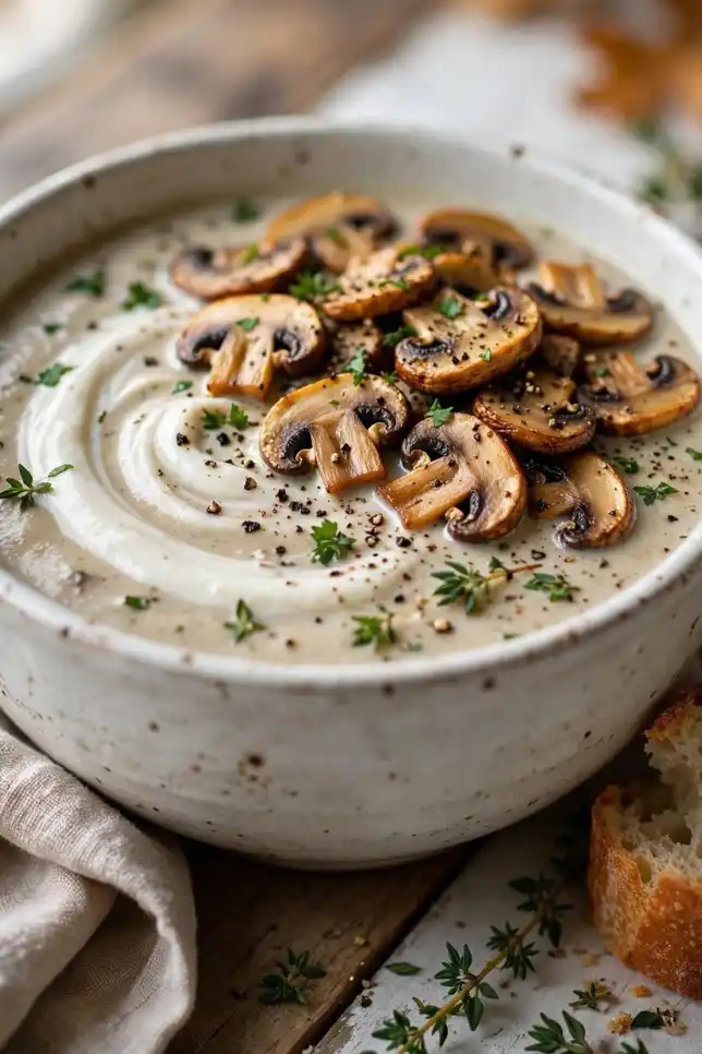 Creamy homemade mushroom soup in a white bowl topped with browned mushrooms and fresh parsley