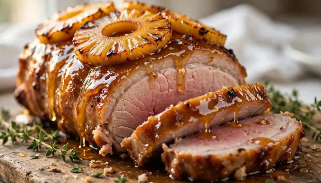Honey-glazed pineapple baked pork roast with caramelized pineapple rings on a wooden cutting board