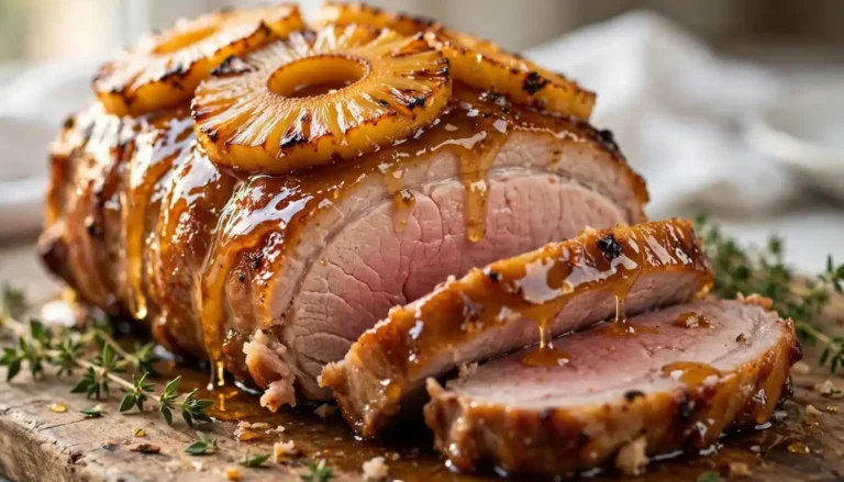 Honey-glazed pineapple baked pork roast with caramelized pineapple rings on a wooden cutting board