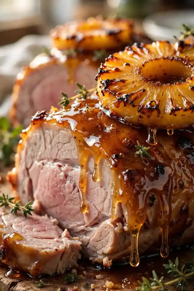 Honey-glazed pineapple baked pork roast with caramelized pineapple rings on a wooden cutting board