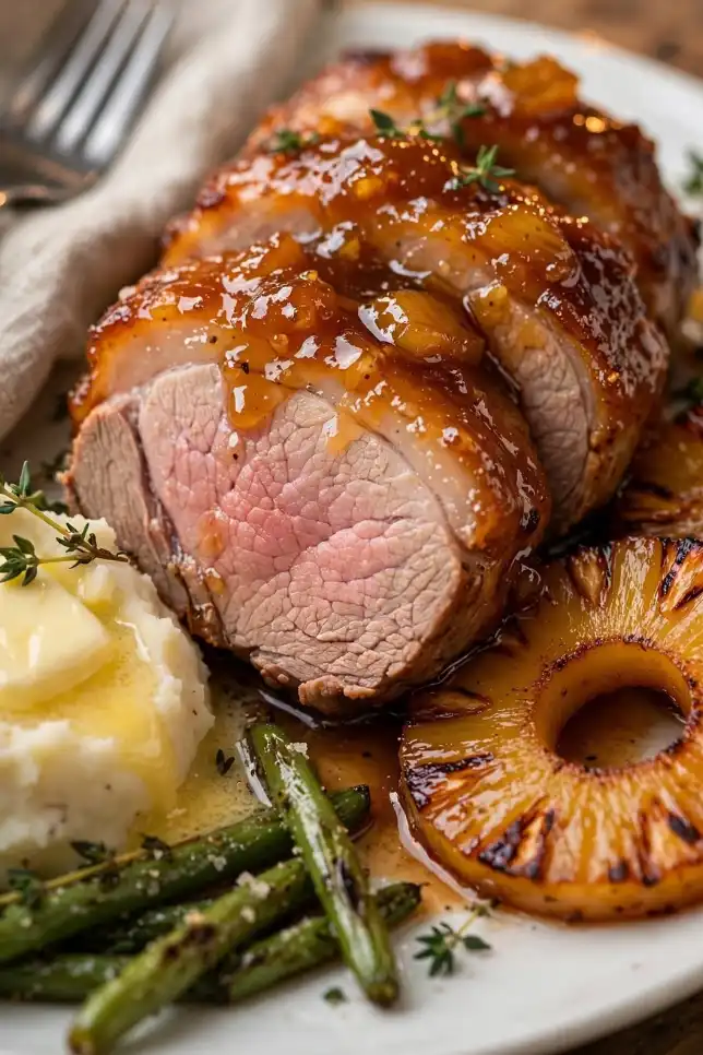 Honey-glazed pineapple baked pork roast with caramelized pineapple rings on a wooden cutting board