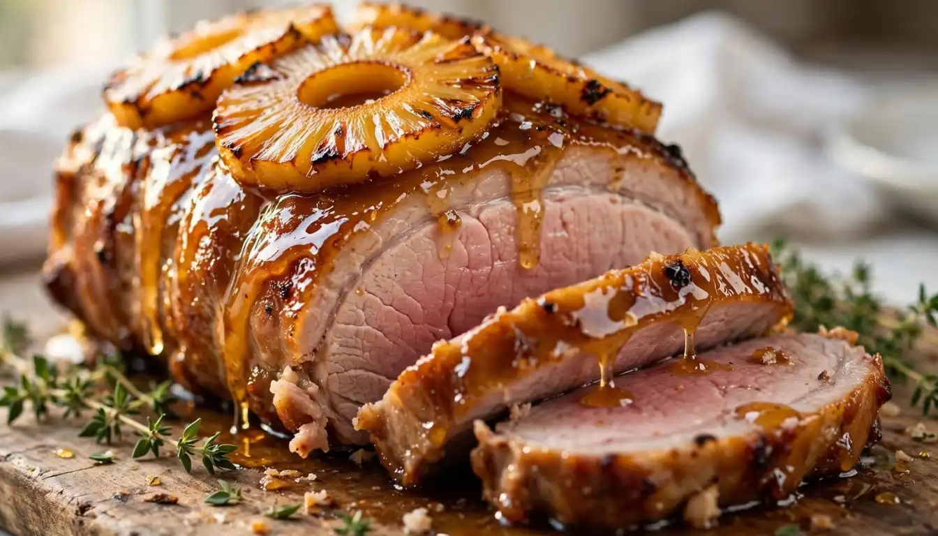 Honey-glazed pineapple baked pork roast with caramelized pineapple rings on a wooden cutting board