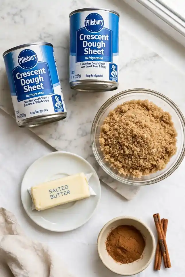 Crescent dough, butter, brown sugar and cinnamon arranged on a marble counter