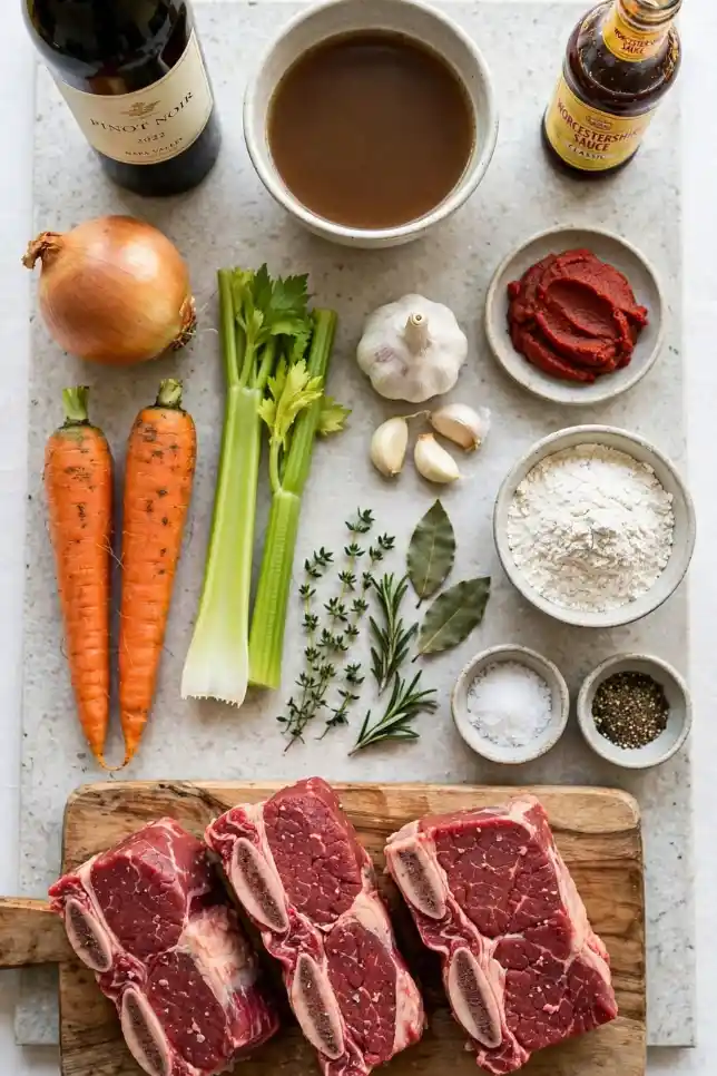Flat lay of raw beef short ribs, red wine, beef broth, onion, carrots, celery, garlic and fresh herbs
