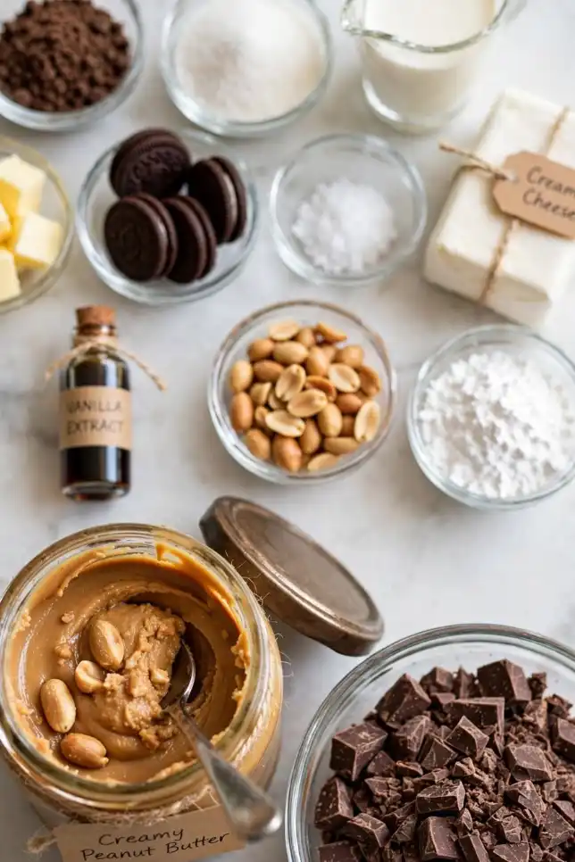 Ingredients for chocolate caramel peanut butter pie including Oreo cookies, peanut butter, cream cheese, heavy cream, sugar, butter and chocolate