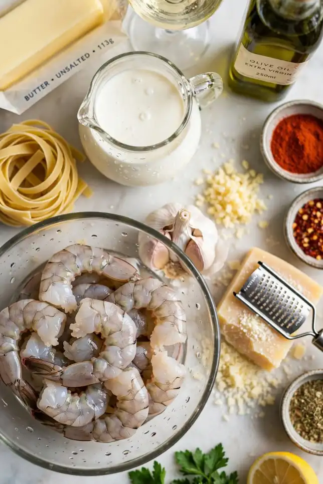 Ingredients for garlic butter shrimp pasta including shrimp, fettuccine, butter, garlic, cream and Parmesan