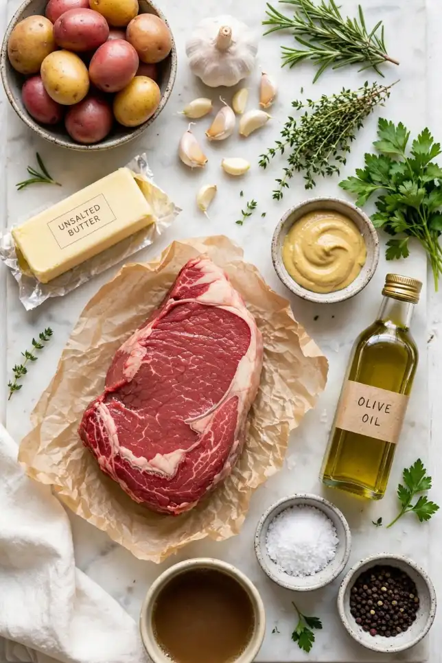 Raw beef roast, baby potatoes, butter, garlic, fresh herbs and seasonings laid out on marble
