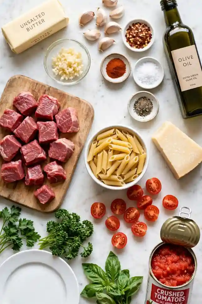 Flat lay of sirloin steak cubes, penne pasta, butter, garlic, cherry tomatoes, crushed tomatoes, Parmesan and fresh basil
