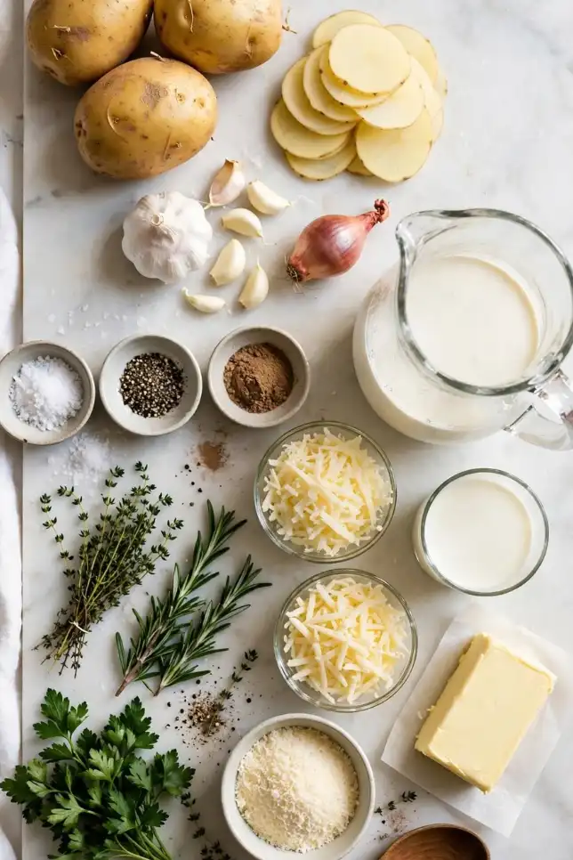 Flat lay of potato gratin ingredients including Yukon Gold potatoes, garlic, heavy cream, Gruyère, cheddar, Parmesan and fresh herbs