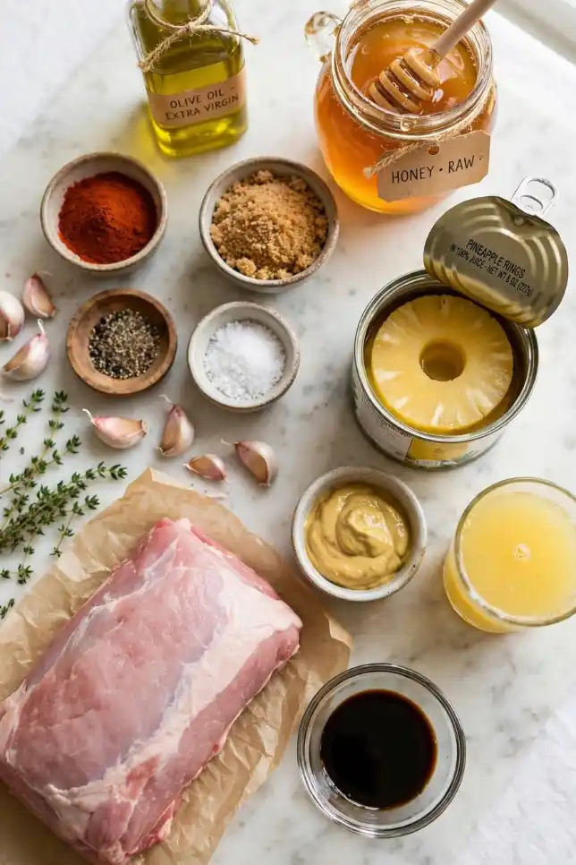 Ingredients for honey pineapple pork roast including pork loin, honey, pineapple rings, brown sugar, Dijon mustard, soy sauce and garlic