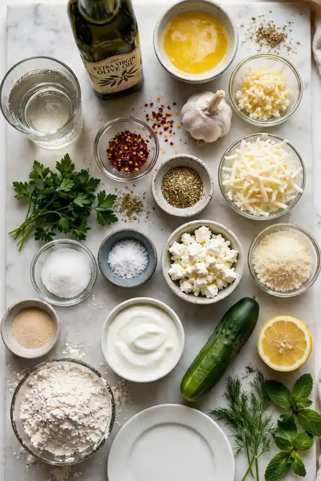 Flat lay of ingredients for cheesy garlic breadsticks including flour, yeast, mozzarella, feta, garlic, Greek yogurt, cucumber, dill and mint