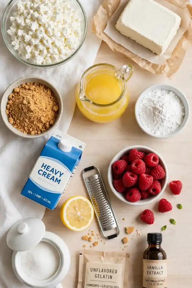 Cottage cheese, cream cheese, graham cracker crumbs, fresh raspberries, heavy cream, lemon and gelatin arranged for a no-bake cheesecake
