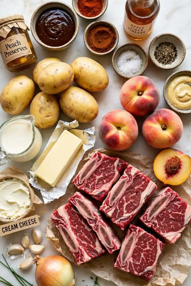 Flat lay of raw short ribs, fresh peaches, peach preserves, BBQ sauce, Yukon Gold potatoes, butter and spices