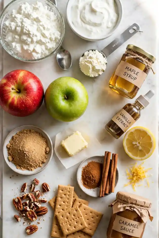 Ingredients for protein caramel apple cheesecake bowl including cottage cheese, Greek yogurt, protein powder, apples, cinnamon and caramel sauce