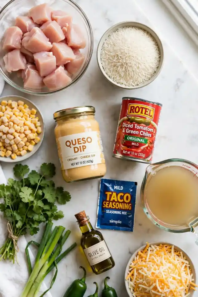 Ingredients for queso chicken and rice casserole including chicken, rice, queso dip, Rotel, corn, cheese and taco seasoning
