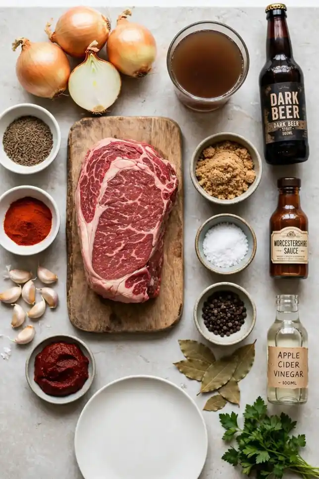 Flat lay of chuck roast, yellow onions, caraway seeds, paprika, garlic, beef broth and spices for slow-cooker beef roast