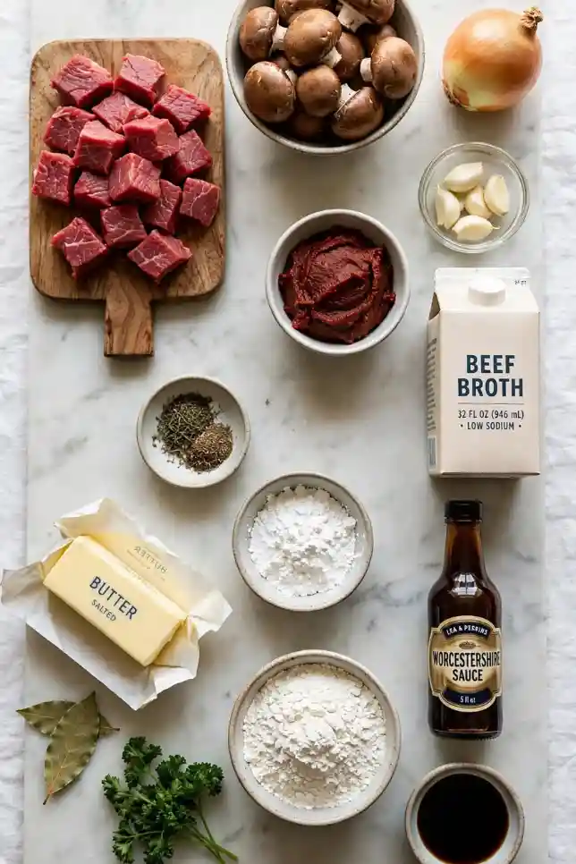 Raw ingredients for crock pot beef tips including chuck roast, cremini mushrooms, onion, garlic and beef broth