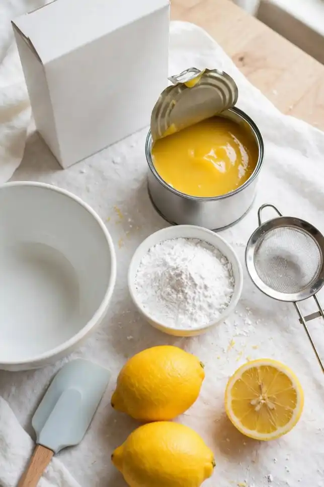 Angel food cake mix, lemon pie filling, and powdered sugar laid out on a wooden table for easy two-ingredient lemon bars
