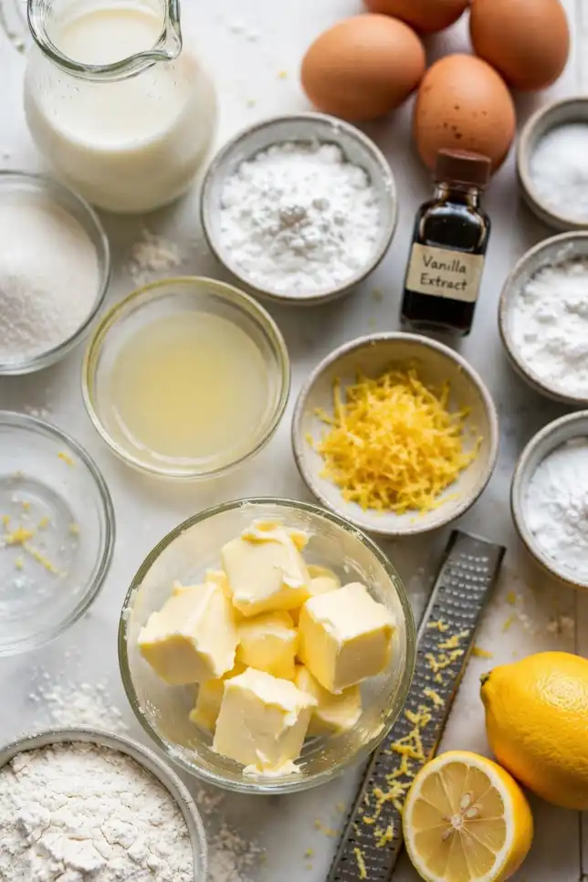 Flat lay of lemon bundt cake ingredients including flour, sugar, butter, eggs, buttermilk, fresh lemons and lemon zest