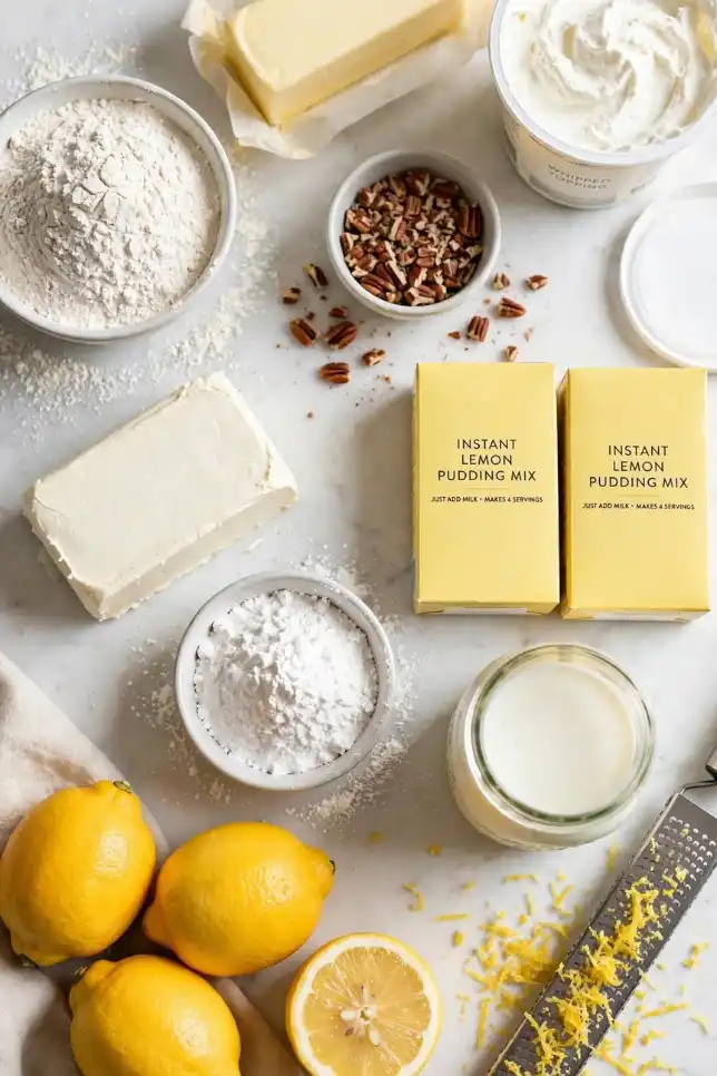 Ingredients for Lemon Delight including flour, butter, pecans, cream cheese, powdered sugar, lemon pudding mix, milk and fresh lemons