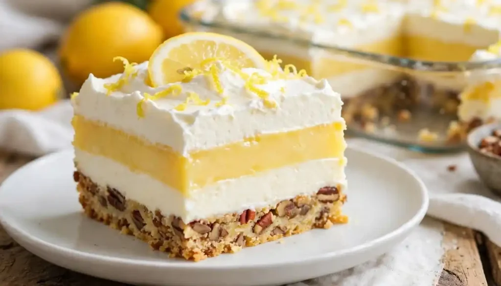 Slice of Lemon Delight with pecan crust, cream cheese layer, lemon pudding and whipped topping on a white plate