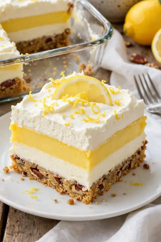 Slice of Lemon Delight with pecan crust, cream cheese layer, lemon pudding and whipped topping on a white plate