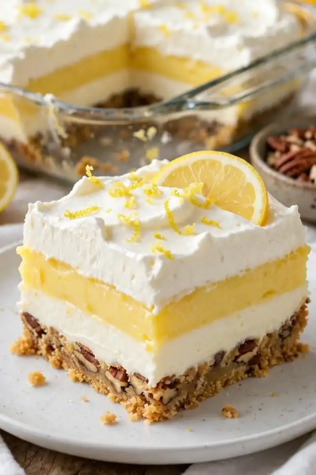 Slice of Lemon Delight with pecan crust, cream cheese layer, lemon pudding and whipped topping on a white plate