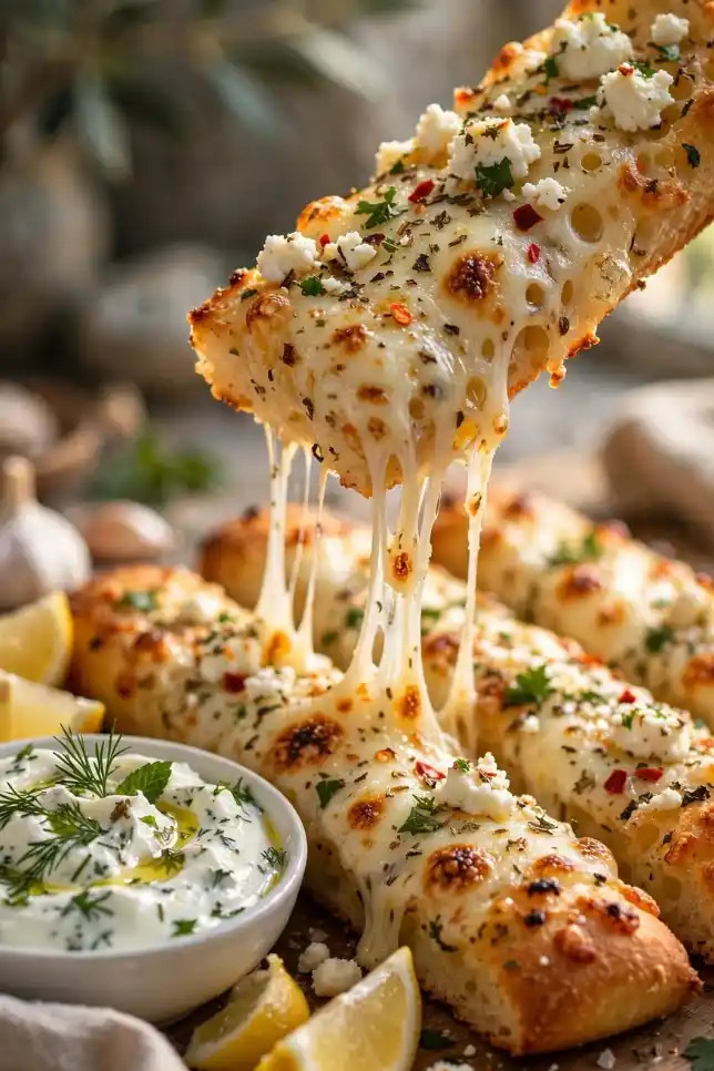 Mediterranean cheesy garlic breadsticks with melted mozzarella and feta served with Greek yogurt herb dip on a wooden board