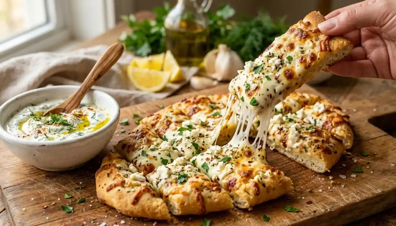 Mediterranean cheesy garlic breadsticks with melted mozzarella and feta served with Greek yogurt herb dip on a wooden board