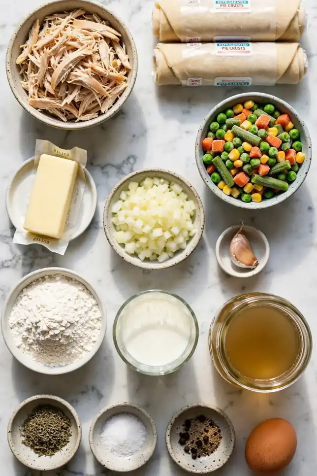 Flat lay of mini chicken pot pie ingredients including shredded chicken, pie crust, frozen vegetables, butter, onion, flour, milk and chicken broth