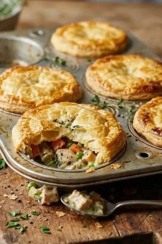 Golden mini chicken pot pies on a wooden board with one cut open showing creamy chicken and vegetable filling