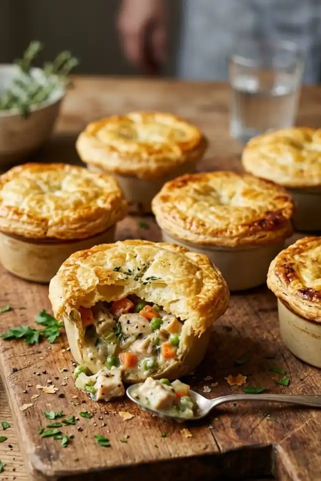Golden mini chicken pot pies on a wooden board with one cut open showing creamy chicken and vegetable filling