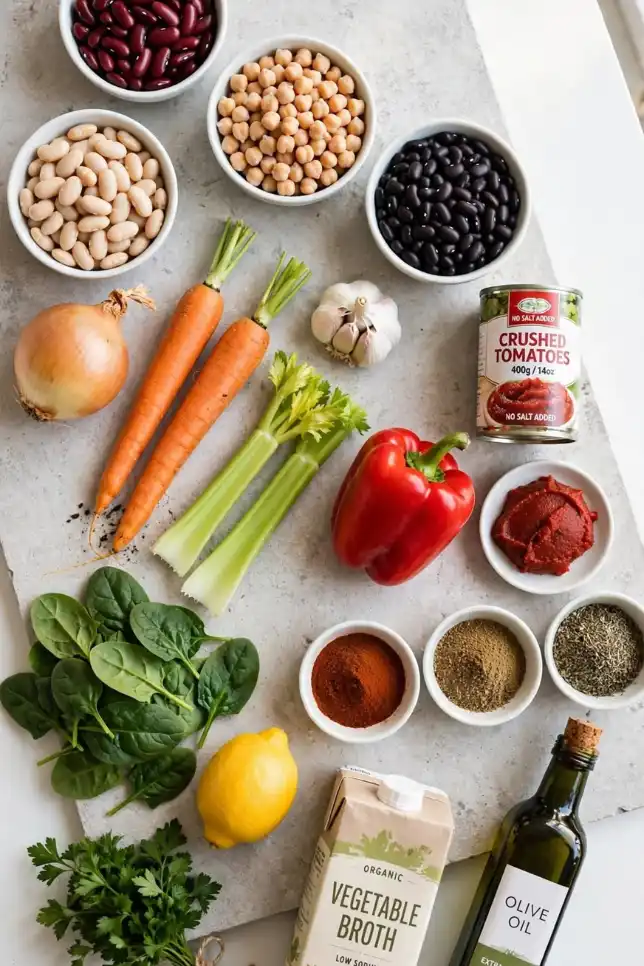 Flat lay of mixed bean stew ingredients including kidney beans, chickpeas, black beans, cannellini beans, vegetables and spices