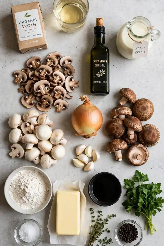 Ingredients for homemade mushroom soup including cremini mushrooms, onion, garlic, thyme, butter, broth and heavy cream