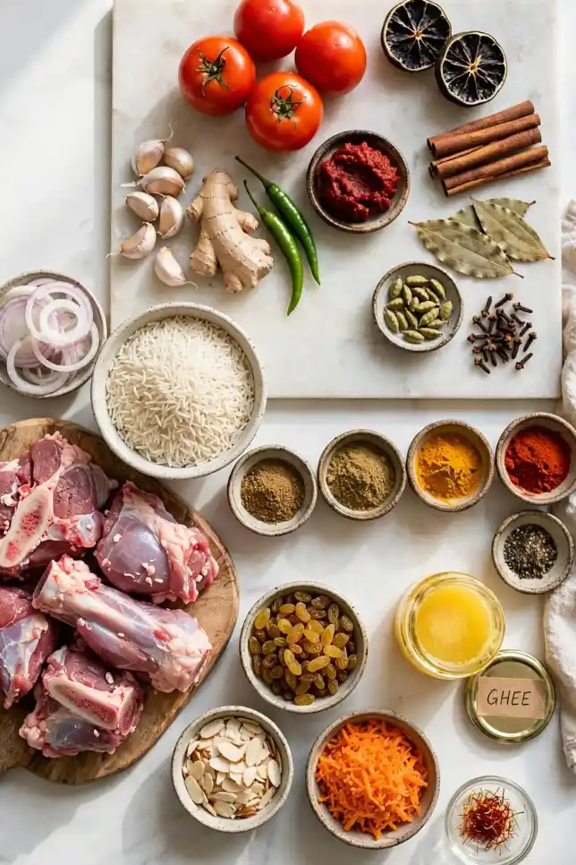 Ingredients for Mutton Kabsa Pulao including mutton, basmati rice, black lime, kabsa spices, almonds and raisins