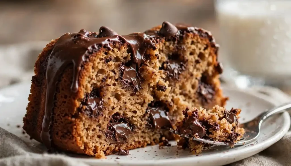 Homemade Toll House chocolate chip bundt cake with chocolate glaze and a slice cut out on a cake stand