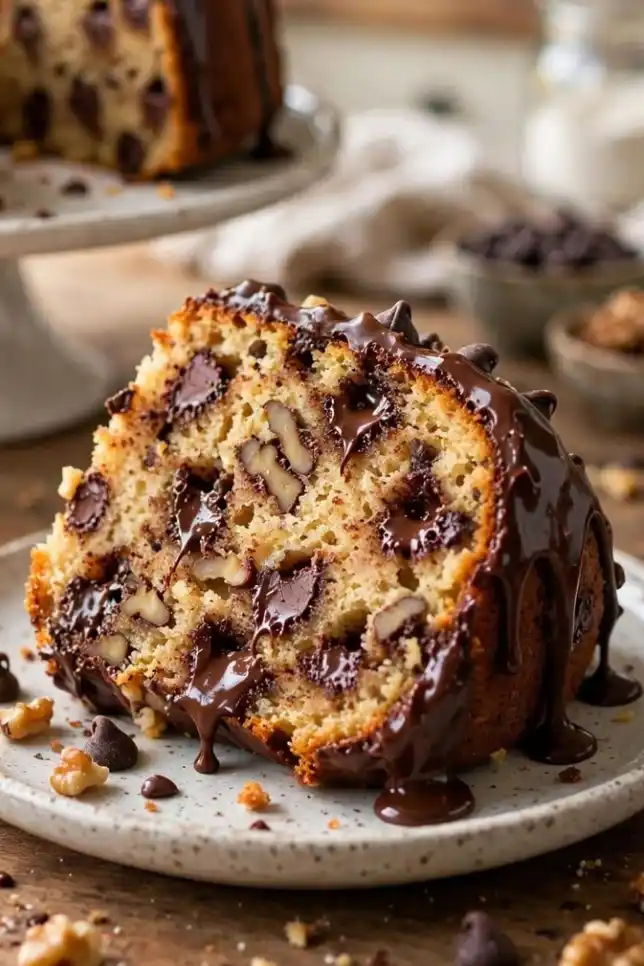 Homemade Toll House chocolate chip bundt cake with chocolate glaze and a slice cut out on a cake stand