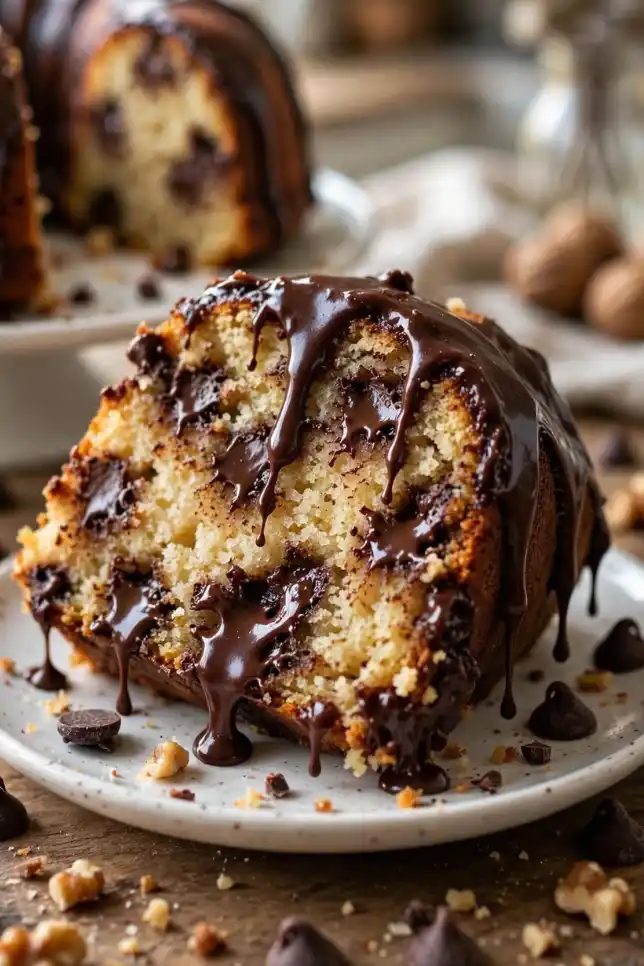 Homemade Toll House chocolate chip bundt cake with chocolate glaze and a slice cut out on a cake stand