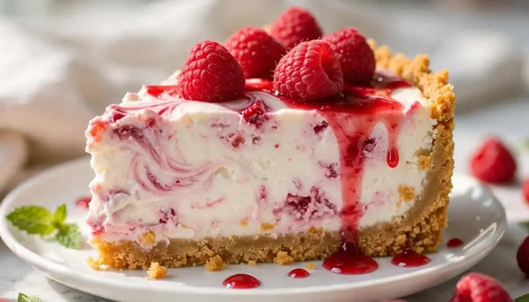 Whole no-bake cottage cheese raspberry cheesecake with raspberry swirl and fresh berries on a marble cake stand