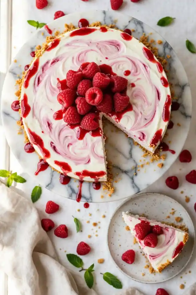 Whole no-bake cottage cheese raspberry cheesecake with raspberry swirl and fresh berries on a marble cake stand