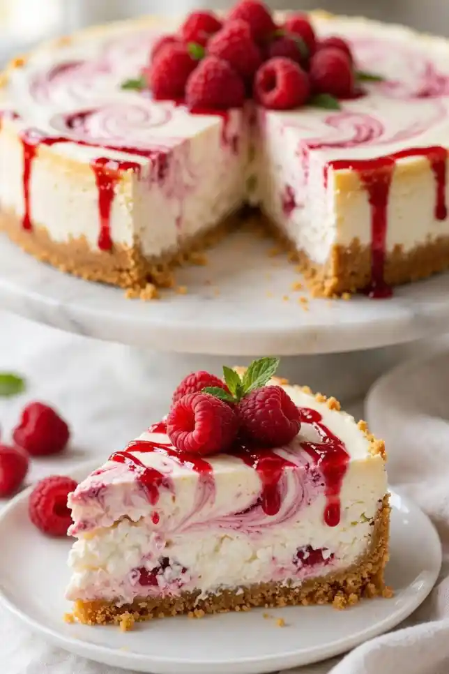 Whole no-bake cottage cheese raspberry cheesecake with raspberry swirl and fresh berries on a marble cake stand
