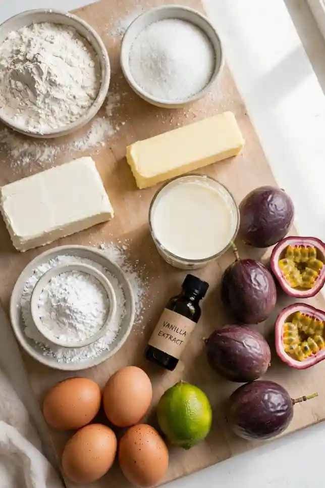 Ingredients for passion fruit drippy cake including flour, butter, eggs, cream cheese, lime and fresh passion fruit