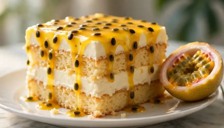 Slice of passion fruit drippy cake with cream cheese frosting and glossy passion fruit glaze on a white plate