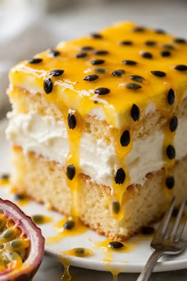 Slice of passion fruit drippy cake with cream cheese frosting and glossy passion fruit glaze on a white plate