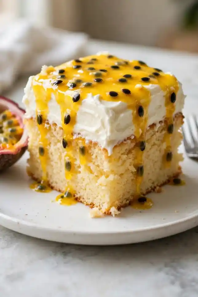 Slice of passion fruit drippy cake with cream cheese frosting and glossy passion fruit glaze on a white plate