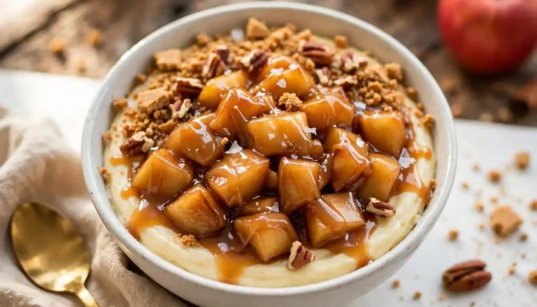 Protein caramel apple cheesecake bowl topped with cinnamon apples, caramel sauce, graham crumbs and pecans