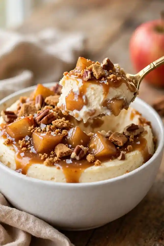 Protein caramel apple cheesecake bowl topped with cinnamon apples, caramel sauce, graham crumbs and pecans