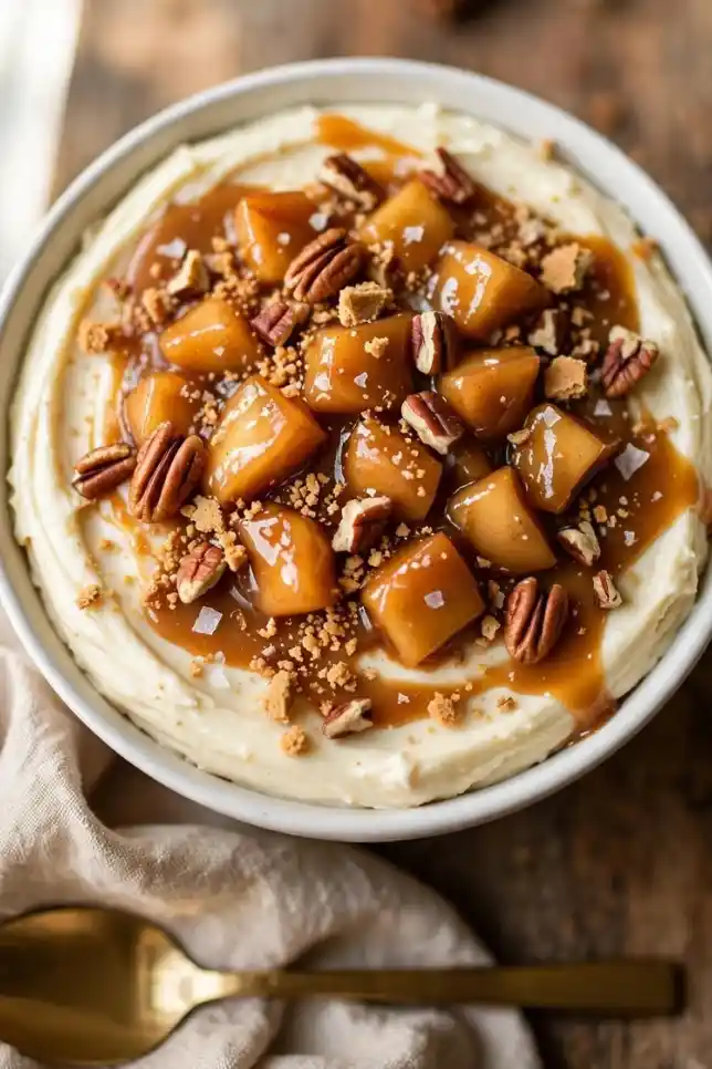 Protein caramel apple cheesecake bowl topped with cinnamon apples, caramel sauce, graham crumbs and pecans