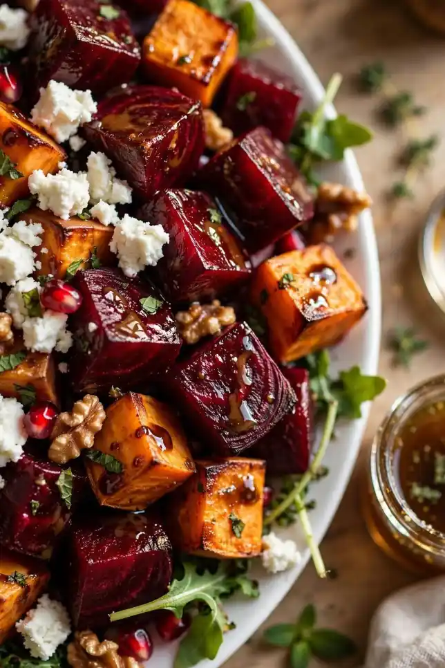 Roasted beetroot and sweet potato salad with arugula, feta, walnuts and pomegranate on a white platter