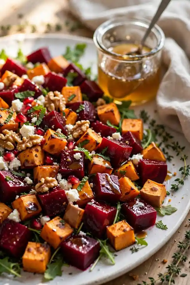 Roasted beetroot and sweet potato salad with arugula, feta, walnuts and pomegranate on a white platter
